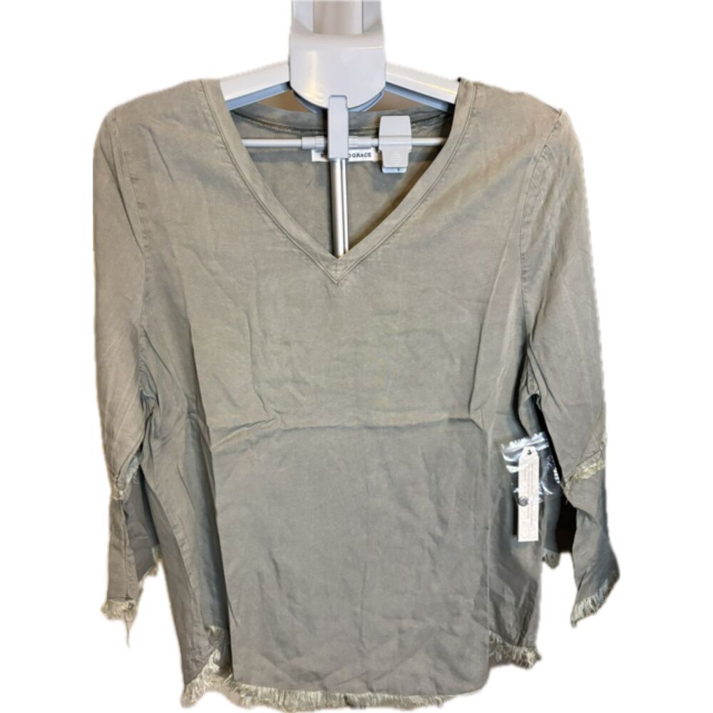 NWT Standard Grace Women's Sage V-neck Large Boho Fringe Earthy